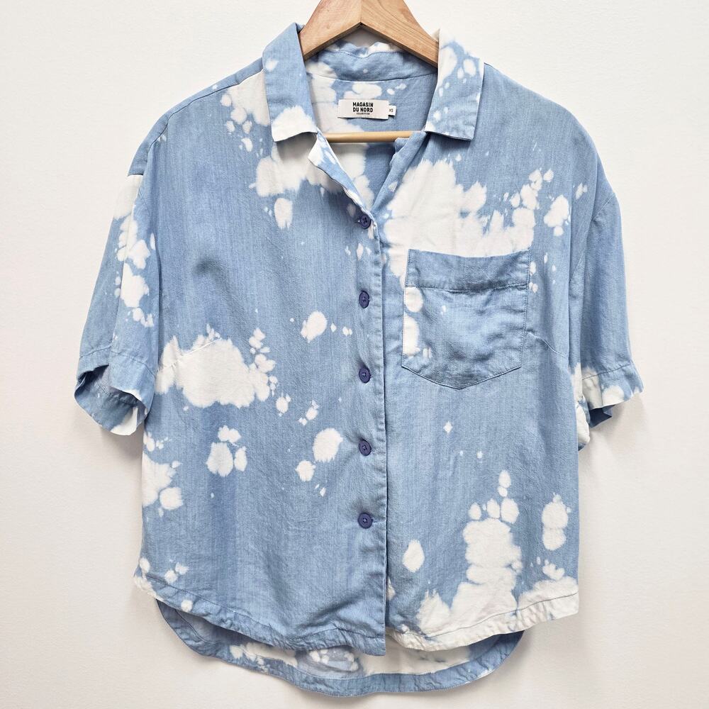 Magasin du Nord Tencel Lyocell Blue Acid Wash Button Down Shirt Scandi Style XS